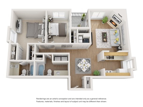 Floor plan for 2 beds, 2 baths, 884 sqft